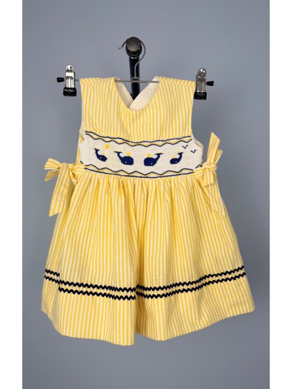 Vintage Little Follies Yellow Striped Seersucker Dress Size 2 Whale Embroidery